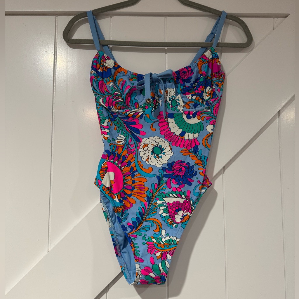 Kate Spade Blue Floral One-Piece Swimsuit With Pink & Orange Accents